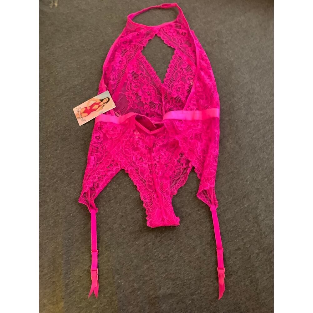 New NWT Dreamgirl Stretch Lace Garter Teddy Halter Neck Small Pink lingerie - Picture 8 of 10